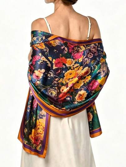 1pc Vintage Multicolor Painting Printed Large Wrap Scarf Shawl For Women Versatile Fall Decoration Long Wraps Cape For Daily Dress Accessory