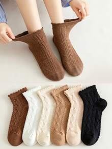 1/6 Pairs Women Solid Color Diamond Pattern Short Socks -Breathable & Comfortable WithLace Trim, Suitable For Spring/Summer, Cute Socks Random - Multicolor - View 4