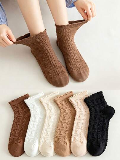 1/6 Pairs Women Solid Color Diamond Pattern Short Socks -Breathable & Comfortable WithLace Trim, Suitable For Spring/Summer, Cute Socks Random