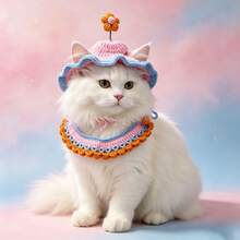 Handmade Woven Pet Hat & Bib Set, Adjustable Tie, Sun Hat + Drool Bib, Cat Photo Prop, Daily Styling Accessory For Small And Medium Dogs And Cats - Multicolor - View 8