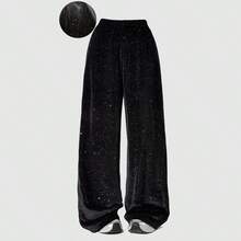 Lurzo Fashionable Girls Streamlined Gold Shiny Satin Wide Leg Pants, Suitable For Spring, Autumn, Winter Gatherings And Daily Outdoor Occasions - Black - View 2