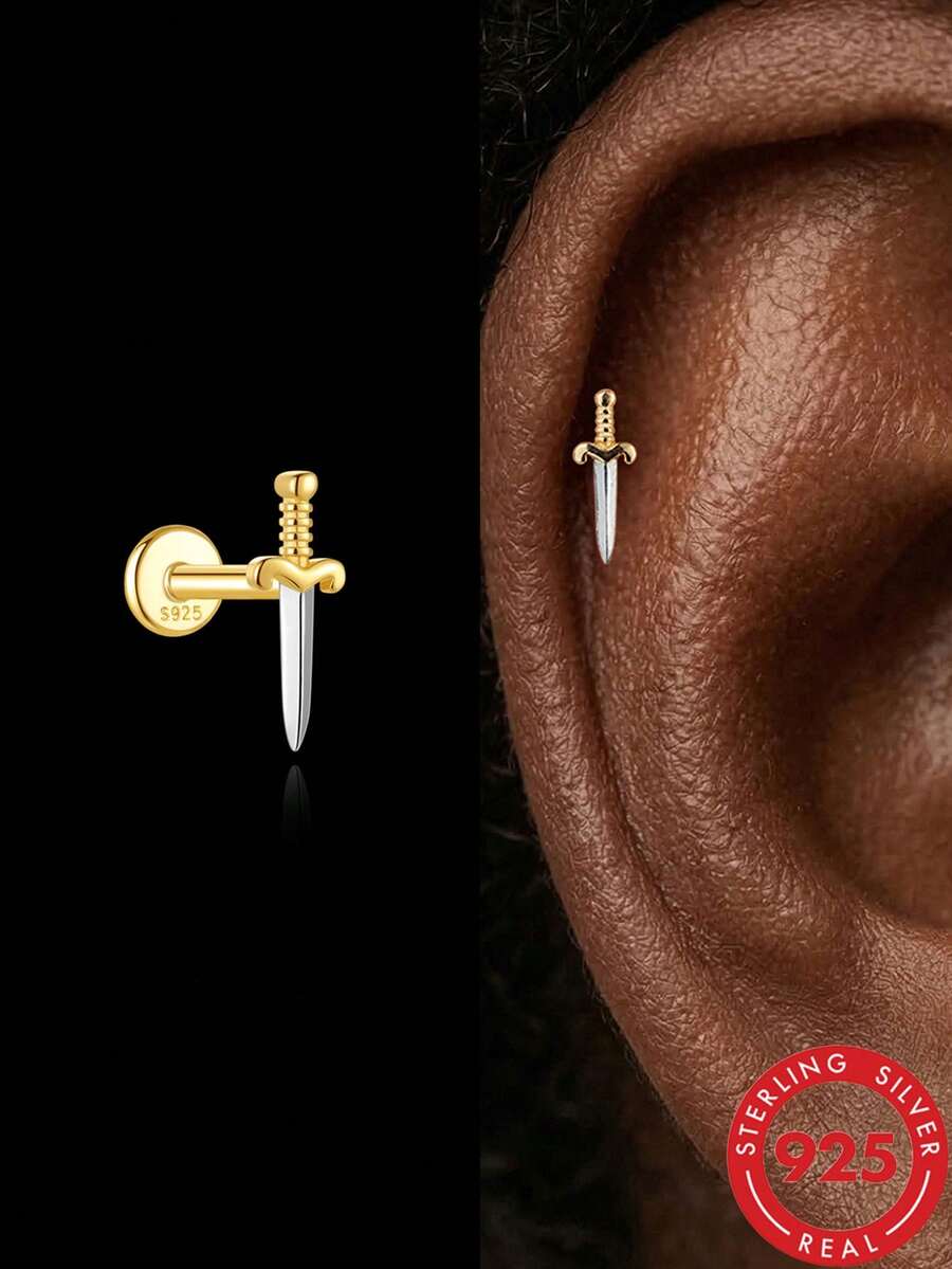 1Pc 925 Sterling Silver Gold Tone Mini Sword Flat Back Stud Earring Punk Gothic Cartilage Helix Piercing Jewelry Perfect For Daily Wear - Multicolor - View 1