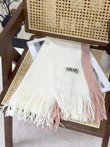 Women's Contrast Color Vertical Striped Tassel Scarf, Soft Pink And White Color Block Knitted Oversized Scarf, Versatile Warm Shawl For Autumn/Winter - Two-color Label Pink/White - View 4