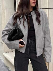 Women's New Zipper Solid Color Versatile Autumn/Winter Comfortable Jacket - Grey - View 2