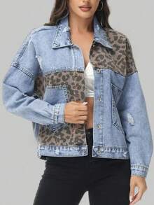 GILIPUR Women Street Style Leopard Print Contrast Patchwork Denim Jacket, Washed Ripped Flap Pockets Loose Fit Outerwear - Blue - View 10