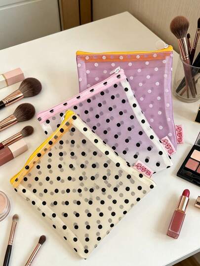 Polka Dot Mesh Zipper Storage Bag | Lightweight Transparent Makeup Bag | Multi-Functional Travel Organizer | Suitable For Data Cables, Earphones, Chargers And Other Small Accessories | Minimalist Design | Essential For Makeup, Skincare And Toiletries | Perfect Gift For Cruise, Dorm, Bridesmaid, Birthday And Holiday | Home Storage Tool | Suitable For Bathroom, Living Room, Bedroom | Large Capacity Women's Storage Bag | Cute Polka Dot Design | Suitable For Men And Women | Portable Coin Purse | Creative Christmas Gift
