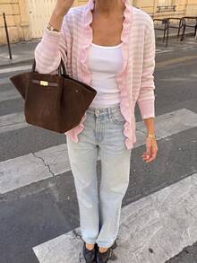 Women's Pink Striped Knit Cardigan, Vintage Elegant Ruffle V-Neck, Autumn Outfit, Suitable For Party & Gathering & Commute Wear. - Pink - View 3