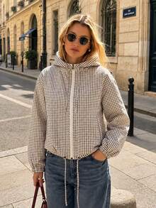 Women's Fine Grid Black & White Striped Zipper Hooded Drawstring Hem Short Windproof Jacket, Lightweight Casual Long Sleeve Outerwear For Autumn - Black - View 4