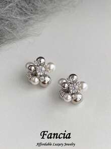 1 Pair Cool Elegant Small Round Ball Rhinestone Faux Pearl Stud Earrings Suitable For Women's Daily Commute Wear - Silver - View 2