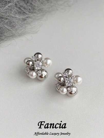 1 Pair Cool Elegant Small Round Ball Rhinestone Faux Pearl Stud Earrings Suitable For Women's Daily Commute Wear