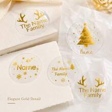 30-240pcs Custom Clear Christmas Name Stickers, Personalized Golden Holiday Gift Labels, Festive Christmas Tree Style, Customized Transparent Stickers, Gift Wrapping Decor, Customizable Name Seals, Christmas Party Favors, Christmas Gifts, Family - Multicolor - View 5
