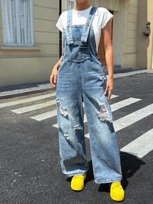 Eleganter lässiger Damen-Jumpsuit aus gewaschenem, distressed Denim, Herbst-Urlaubsoutfit - Helle Waschung - Übersicht 5