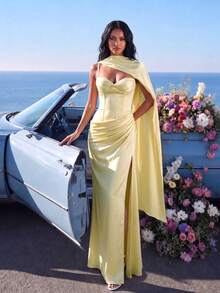 UNITHORSE Spaghetti Strap Ruffle Waist Satin Elegant Dress - Yellow - View 2