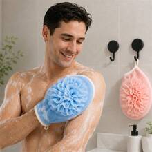 2pcs Bath Sponge Gloves + 2pcs Hooks Set, Blue For Men, Pink For Women, Double-Sided Scrubbing Foaming Bathroom Practical Set - A - View 1