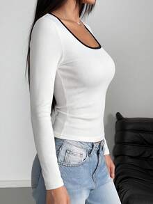 2pcs Contrast Trim U-Neck Ribbed Knit Slim Fit Long Sleeve T-Shirt, Women's Basic Casual Everyday Top - Multicolor - View 5