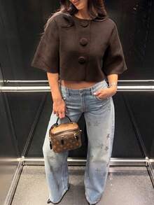 女款優雅中袖針織開襟衫，秋季風格 - 深咖啡色 - 查看 3