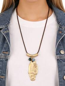 1pc Bohemian Vacation Style Asymmetrical Alloy Rhinestone Pendant Woven Wax Rope With Round Beads Necklace, Long Necklace For Festival Gift Atmosphere, Halloween Party Gathering Daily Accessory, Gift For Classmate, Female, Elder - Wax Rope - View 3