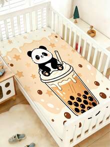 1PC Cute Panda Bubble Tea Star Printed Mattress Cover, Polyester Material Neutral Baby Bed Sheet, Suitable For Newborns And Toddlers' Beds - Multicolor - View 6