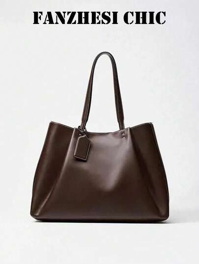 Tote Bag Minimalist Premium Large Capacity Dark Brown Glossy PU Material Contrast Stitching Leather Tag Accessory Extended Handle Shoulder Strap Loose Bag Shape Maillard Color Palette Office Commute School Travel Versatile Handbag Shoulder Bag