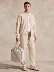 Courvante Men's Solid Color Baseball Collar Zip-Up Long Sleeve Jacket And Pants Casual Daily Set Fall - Apricot - View 2