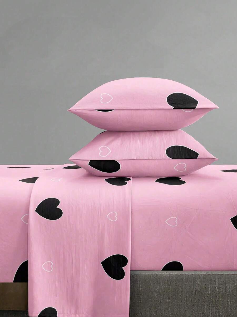 4-Piece Black Marble Pattern Bedding Set, 1 Fitted Sheet + 1 Flat Sheet + 2 Pillowcases Mattress Protector Set (Pillow Inserts Not Included), Suitable For King/Queen/Full/Twin Sizes, Deep Pocket Fitted Sheet Up To 11.8 Inches - Pink - View 1