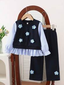 Young Girls Autumn/Winter 3D Floral Blue Striped Patchwork 2 In 1 Top + Knitted Flare Pants Casual Set - Blue - View 2