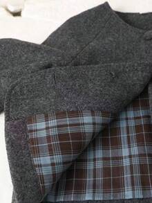 Young Girls Autumn/Winter Vintage Reversible Wool Blend Heart Pocket Crew Neck Jacket + Detachable Large Lapel Plaid Bow Tie Casual Jacket - Grey - View 8