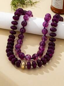 OABE 2pcs/Set Bohemian Style Purple Beaded Layered Necklace Set With Round And Oval Beads, Suitable For Women's Daily Wear - Purple - View 3