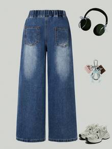 Girls' Elastic Waist Pocket Wide Leg Loose Casual Denim Jeans - Blue - View 3