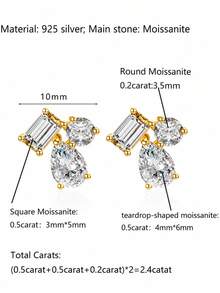 ConiiW A Pair Of 925 Sterling Silver 2.4-Carat Moissanite Multi-Cut Mixed Stone Stud Earrings For Women, Exquisite And Unique, Suitable For Everyday Wear. - Gold - View 6