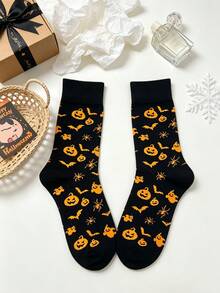 1 Pair Women's Multi-Color Small Bat & Pumpkin Element Soft Comfortable Cute Quirky Fashion Halloween Mid-Calf Socks - Multicolor - View 6