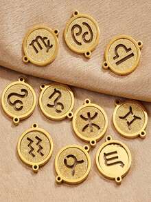 1/5pcs Zodiac Connector Pendant, 18K Gold Plated 304 Stainless Steel Double Hole Zodiac Pendant, Non-Fading DIY Jewelry Accessories - Zodiac Connector Ring - View 3