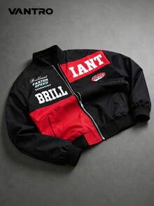 Men's Red & Black Colorblock Letter Print F1 Racing Style Aviator Jacket, Vintage Motorcycle Jacket, American Biker Style Ribbed Hem Casual Flight Jacket - black red - View 1