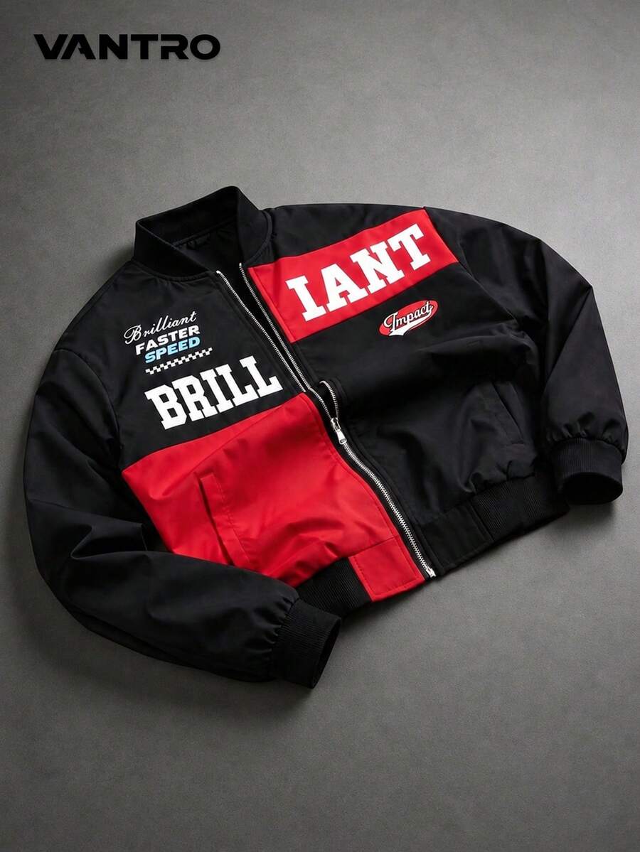 Men's Red & Black Colorblock Letter Print F1 Racing Style Aviator Jacket, Vintage Motorcycle Jacket, American Biker Style Ribbed Hem Casual Flight Jacket - black red - View 1