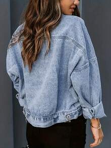 GILIPUR Women Street Style Leopard Print Contrast Patchwork Denim Jacket, Washed Ripped Flap Pockets Loose Fit Outerwear - Blue - View 7