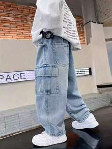 Celana Jeans Denim Kasual Model Lurus untuk Anak Laki-Laki, Gaya Jalanan - Biru - View 2