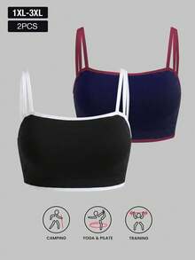 2pcs/Set Women Plus Size Seamless Contrast Color Low Support Knit Sports Bra, Suitable For Yoga, Fitness, Daily Wear - Multicolor - View 3