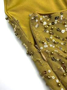 UNITHORSE [Cắt ngẫu nhiên] Đầm dạ hội dây mảnh hở lưng, xẻ tà, đính sequin - Màu Mù tạt vàng - Xem 5
