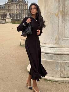 Women's Ribbed Long Sleeve Solid Color Fitted Knit Dress - Black - View 2