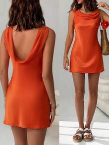 Four Seasons Solid Color Cowl Neck Backless Fitted Mini Dress, Elegant Women's Outfit For Date, Party And Daily Wear Summer - Orange - View 3