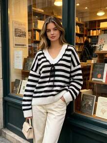 New Style Striped And Multicolored Lace V-Neck Long-Sleeved Plus Size Women's Knitted Sweater For Autumn And Winter - Multicolor - View 5