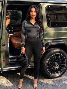 Fashionable Women's Winter Set Long Sleeve Striped Lapel Button Decor Polo Top With Comfortable Leggings - Black - View 6
