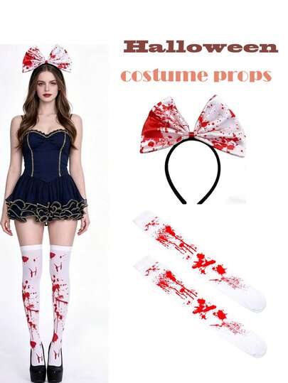 2pcs Blood-Stained Bow Headband And Bloody Socks, Horror Halloween Costume Props For Stage Performance