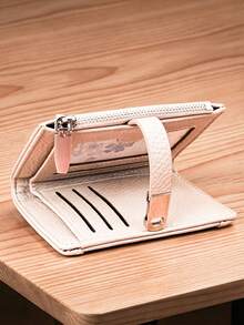 Women's Short PU Soft Fashion Patchwork Exquisite Snap Large Capacity Multi-Card Slot Multi-Function Card Holder Document Storage Bag, Young Zipper Coin Purse Compact Lightweight Convenient To Carry Suitable For Holiday Gift - Apricot - View 2