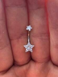 1pc Silver Double Star Belly Button Ring, Curved Bar Navel Ring, Summer Beach Crop Top Hot Girl Style Versatile Shiny Accessory - Silver - View 3