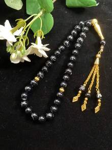 1pc 33-Bead Artificial Crystal Silver-Veined Prayer Beads, Vintage Gold Tassel Pendant Muslim Tasbih, Handheld Prayer Beads For Worship, Gold Carved Metal Accessory Tassel Style Islamic Prayer Beads Gift - Multicolor - View 2