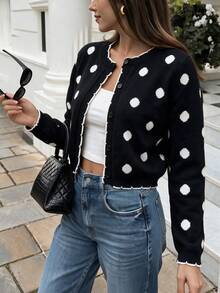 Fall/Winter Casual Versatile Crew Neck Cute Polka Dot 2 In 1 Going Out Knit Cardigan - Black and White - View 3