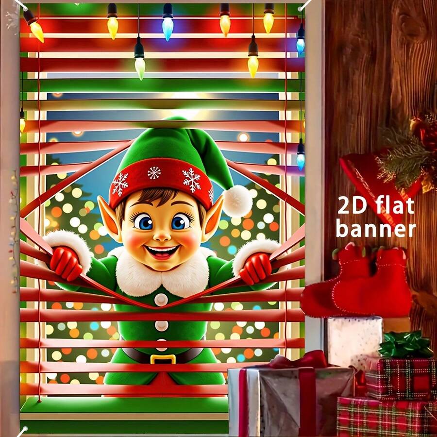 Flag, 2D Flat Banner, 1pc, Christmas Window Decoration Banner, Christmas Elf Curtain Decor, Christmas Decoration, Perfect For Christmas Party - Christmas Elf - View 1