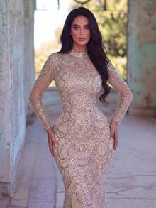 Faeriesty Women's Luxury Evening Gown - High Neck Mermaid Style Evening Dress With Shell Trim And Sequin Embellishments Fall Wedding Party - Champagne - View 4