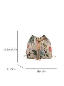 Shoulder Bag With Colorful Floral Pattern, Bucket Bag With Adjustable Metal Chain For Shoulder And Crossbody Use, Drawstring Closure, Interior Space For Makeup And Small Items, Suitable For Daily Outings, Shopping, Commuting And Travel - Green - View 2